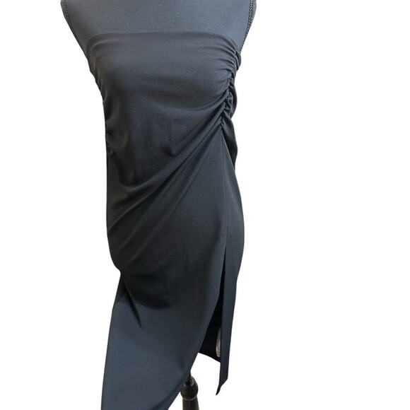Zara Strapless Ruched Crepe Dress Size S Black Front Slit Zip Formal Evening - Picture 1 of 6